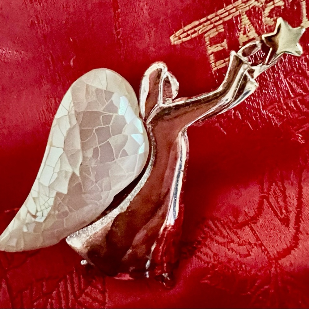 Silver Angel Brooch with White Wing